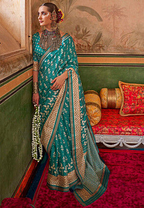 Digital Printed Art Silk Saree in Turquoise