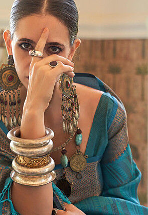 Digital Printed Art Silk Saree in Turquoise