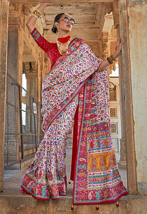 Digital Printed Art Silk Saree in White