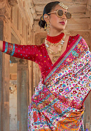 Digital Printed Art Silk Saree in White