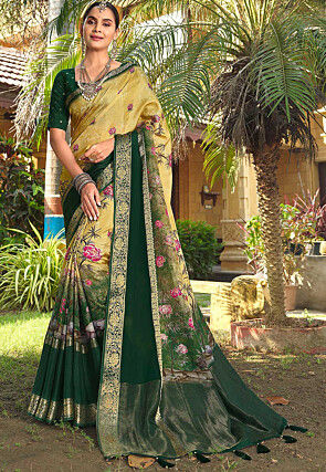 Digital Printed Art Silk Saree in Yellow and Green