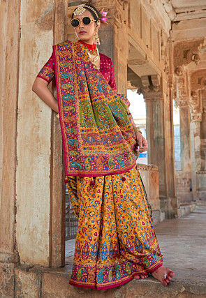 Digital Printed Art Silk Saree in Yellow
