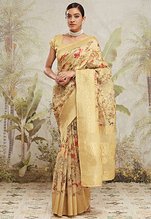 Digital Printed Art Silk Jacquard Saree in Yellow