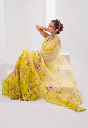 Digital Printed Art Silk Saree in Yellow