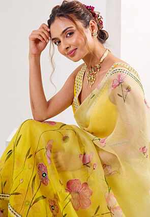 Digital Printed Art Silk Saree in Yellow