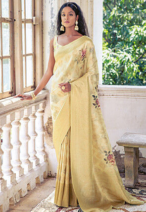 Digital Printed Art Silk Saree in Yellow