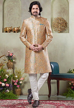 Digital Printed Art Silk Sherwani in Beige
