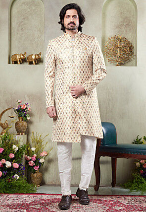 Digital Printed Art Silk Sherwani in Beige