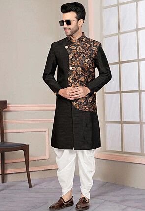 Digital Printed Art Silk Sherwani in Black