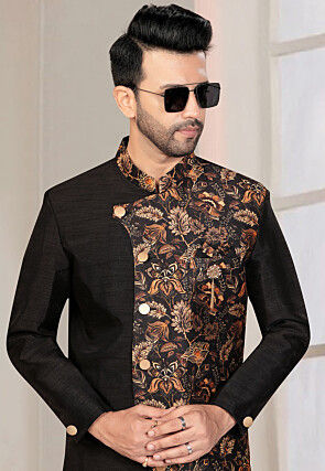 Digital Printed Art Silk Sherwani in Black