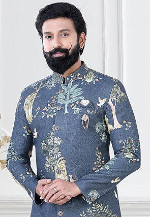 Digital Printed Cotton Slub Sherwani in Blue