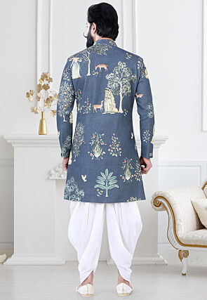 Digital Printed Cotton Slub Sherwani in Blue