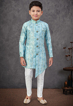 Digital Printed Art Silk Sherwani in Blue