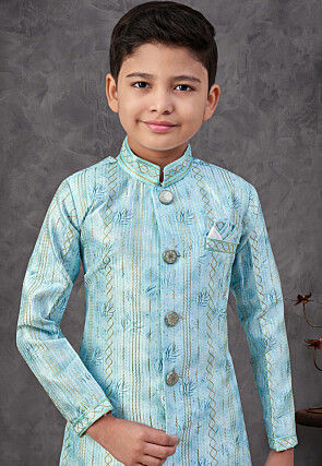 Digital Printed Art Silk Sherwani in Blue