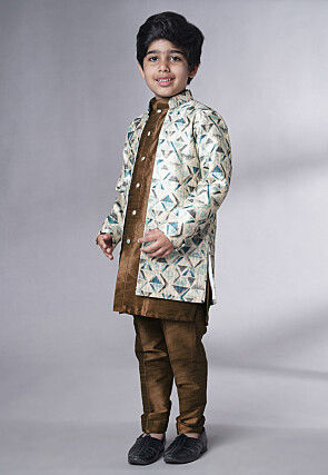 Digital Printed Art Silk Sherwani in Brown
