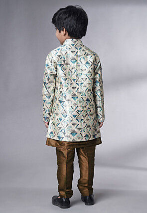 Digital Printed Art Silk Sherwani in Brown