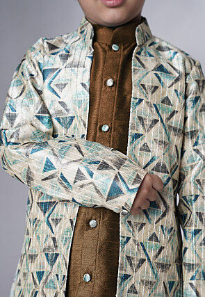 Digital Printed Art Silk Sherwani in Brown