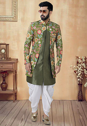 Digital Printed Art Silk Sherwani in Dusty Green