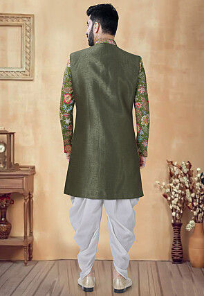 Digital Printed Art Silk Sherwani in Dusty Green