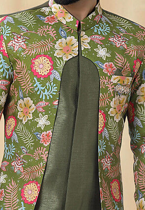 Digital Printed Art Silk Sherwani in Dusty Green