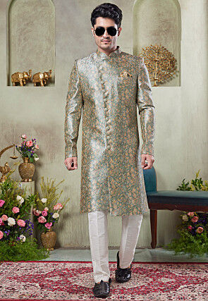 Digital Printed Art Silk Sherwani in Green