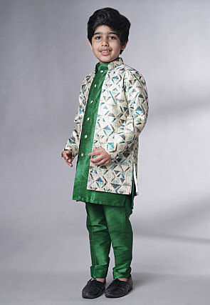 Digital Printed Art Silk Sherwani in Green