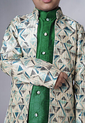 Digital Printed Art Silk Sherwani in Green