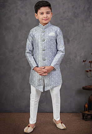Digital Printed Art Silk Sherwani in Grey