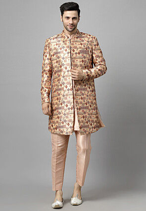 Digital Printed Raw Silk Sherwani in Light Peach