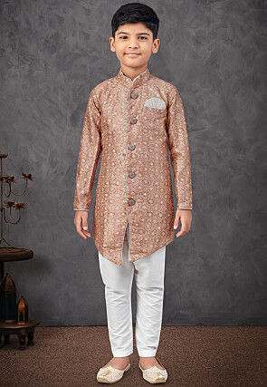Digital Printed Art Silk Sherwani in Light Brown