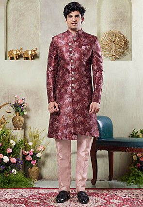Digital Printed Art Silk Sherwani in Maroon
