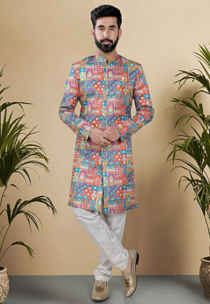 Digital Printed Art Silk Sherwani in Multicolor