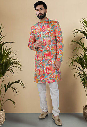 Digital Printed Art Silk Sherwani in Multicolor