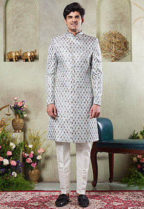 Digital Printed Art Silk Sherwani in Off White