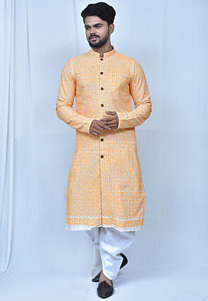 Digital Printed Art Silk Dhoti Kurta in Orange