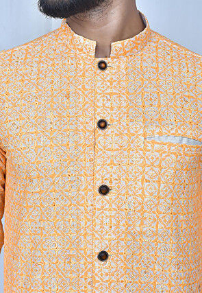 Digital Printed Art Silk Dhoti Kurta in Orange