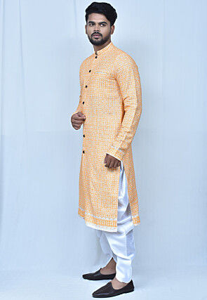 Digital Printed Art Silk Dhoti Kurta in Orange