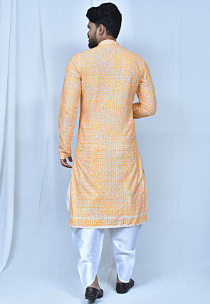 Digital Printed Art Silk Dhoti Kurta in Orange