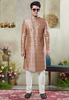 Digital Printed Art Silk Sherwani in Peach