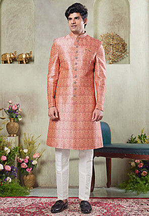 Digital Printed Art Silk Sherwani in Peach