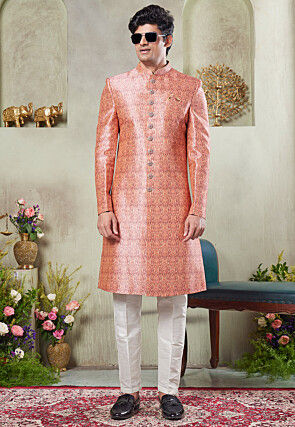 Digital Printed Art Silk Sherwani in Peach