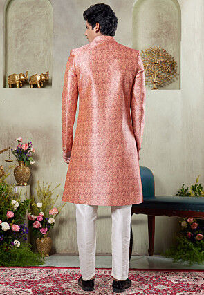 Digital Printed Art Silk Sherwani in Peach