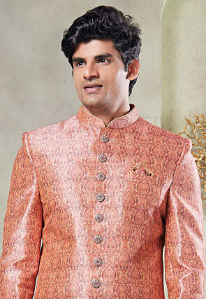 Digital Printed Art Silk Sherwani in Peach