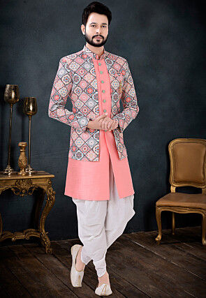 Digital Printed Art Silk Sherwani in Pink and Multicolor