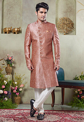 Digital Printed Art Silk Sherwani in Pink
