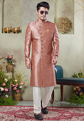 Digital Printed Art Silk Sherwani in Pink