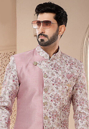 Digital Printed Art Silk Sherwani in Pink