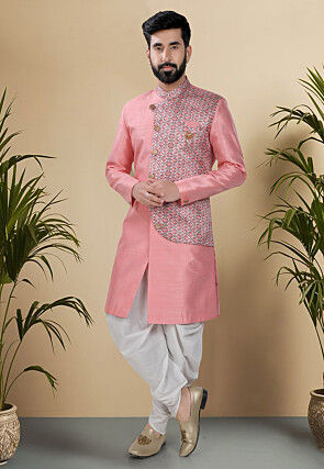 Digital Printed Art Silk Sherwani in Pink