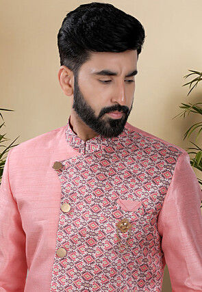 Digital Printed Art Silk Sherwani in Pink