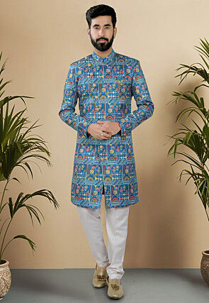 Digital Printed Art Silk Sherwani in Teal Blue